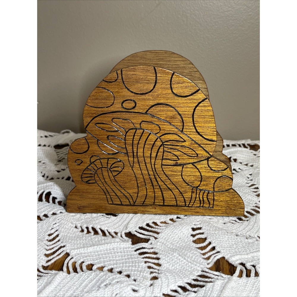 Vintage Wooden Mushroom Napkin Holder Retro Kitchen Decor